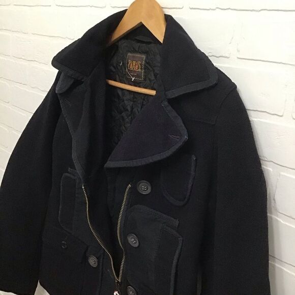 REPLAY jacket pea coat navy blue wool & cotton 50% wool 50% cotton pockets small - Picture 2 of 16